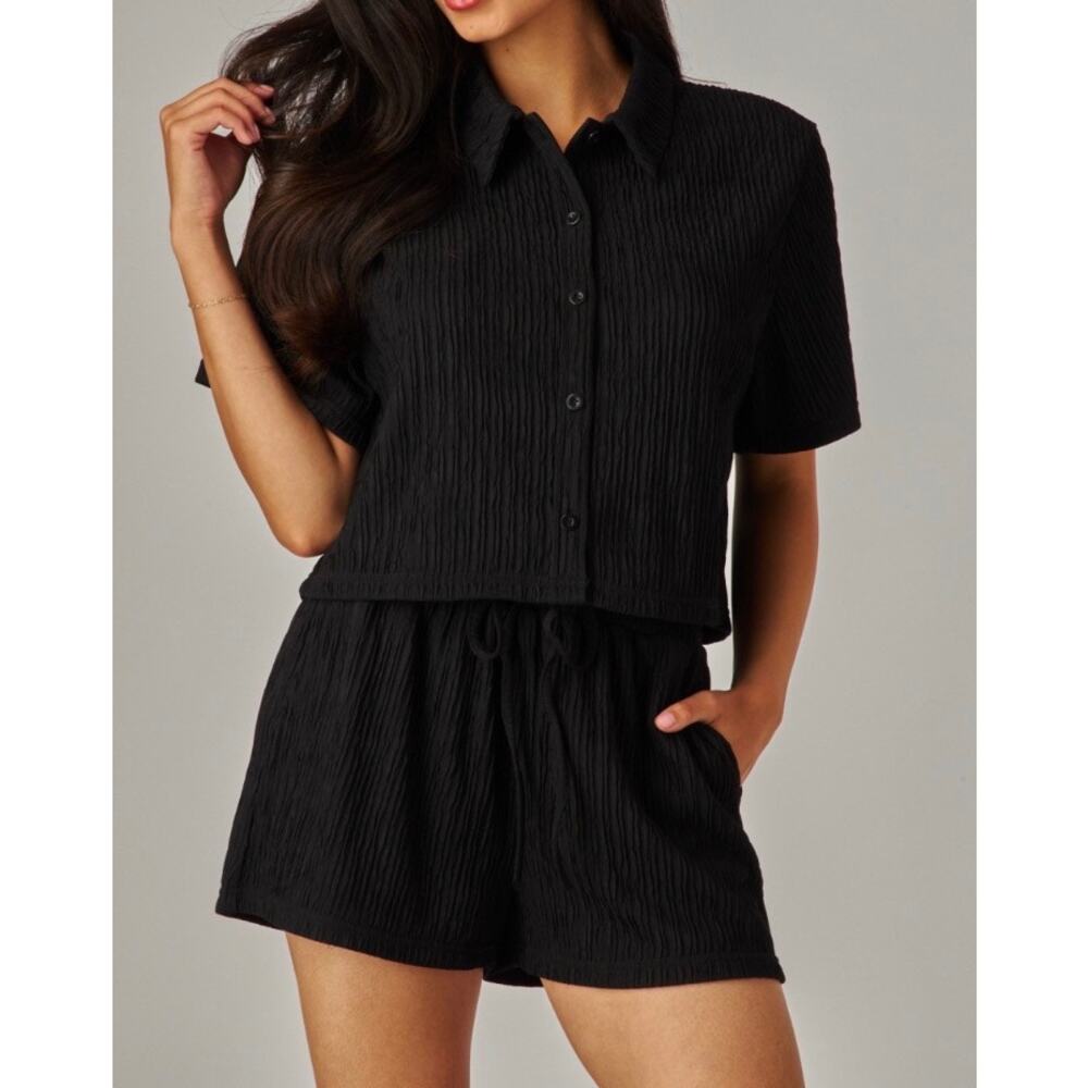 Crinkled Plisse Button Down Shirt Loungewear Shorts Set